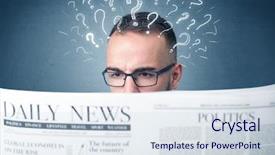  Presentation with question marks - Audience pleasing PPT theme consisting of young confused businessman reading daily backdrop and a sky blue colored foreground