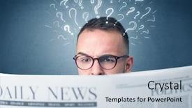  Presentation with question marks - Colorful PPT theme enhanced with young confused businessman reading daily backdrop and a light blue colored foreground