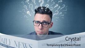  Presentation with question marks - Slide deck consisting of young confused businessman reading daily background and a light blue colored foreground
