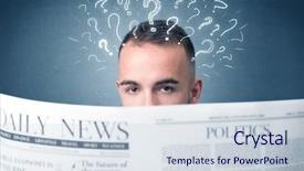  Presentation with question marks - Presentation theme featuring young confused businessman reading daily background and a  colored foreground