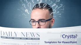  Presentation with question marks - PPT theme enhanced with young confused businessman reading daily background and a  colored foreground