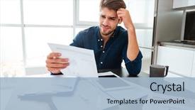  Presentation with home documents - Presentation design having young confused man analyzing finances background and a light blue colored foreground