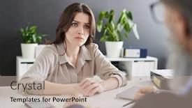  Presentation with interview - PPT theme featuring young-confused-woman-in-formalwear background and a mint green colored foreground