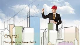  Presentation with city planning - Cool new PPT theme with young construction worker in a red safety helmet happily planning a city sight and drawing lines arrows angles buildings with a pen in his hand backdrop and a soft green colored foreground
