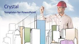  Presentation with city planning - Amazing presentation design having young construction worker in a red safety helmet happily planning a city sight and drawing lines arrows angles buildings with a pen in his hand backdrop and a light blue colored foreground