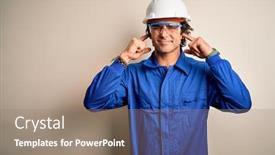  Presentation with ears - Beautiful presentation theme featuring young-constructor-man-wearing-uniform backdrop and a coral colored foreground