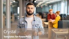  Presentation with using digital tablet - PPT theme with young-contemporary-businessman-in-casualwear background and a coral colored foreground