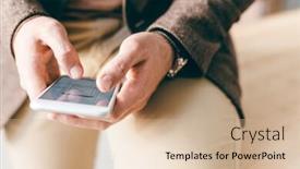  Presentation with scrolling - PPT layouts enhanced with young contemporary businessman sitting on edge of table while scrolling through electronic documents in smartphone background and a soft green colored foreground