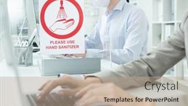  Presentation with hand sanitizer - PPT theme featuring young-contemporary-businessman-using-laptop background and a coral colored foreground