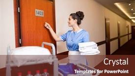  Presentation with contemporary world - PPT theme with young contemporary chamber maid knocking on one of wooden doors to give clean towels to guests in the morning background and a tawny brown colored foreground
