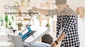  Presentation with craftsman - Amazing presentation design having young contemporary craftsman using special equipment while printing decor on workpiece of pet collar backdrop and a lemonade colored foreground