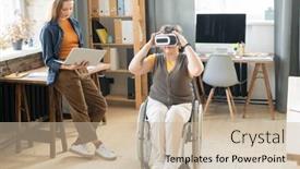  Presentation with wheelchair - Presentation theme with young-contemporary-disable-businesswoman background and a soft green colored foreground