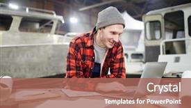  Presentation with manufacturing - Beautiful slide deck featuring young contemporary engineer leaning backdrop and a coral colored foreground