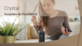  Presentation with speaker - Audience pleasing PPT theme consisting of young-contemporary-female-with-smartphone backdrop and a coral colored foreground