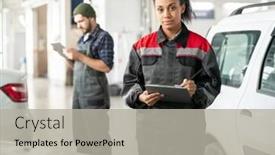  Presentation with race car - Presentation design consisting of young-contemporary-mixed-race-female background and a light gray colored foreground