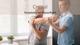  Presentation with rehabilitation - Amazing PPT theme having young-contemporary-physiotherapist-standing backdrop and a soft green colored foreground