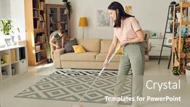  Presentation with room cleaning - Slide set featuring young-contemporary-woman-in-casualwear background and a gray colored foreground