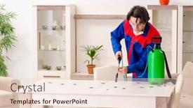  Presentation with pest - PPT theme having young contractor doing pest control at home background and a lemonade colored foreground