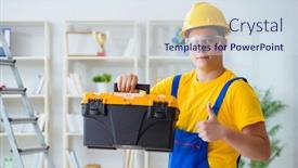  Presentation with contractor - PPT theme featuring young contractor doing repair works at office background and a sky blue colored foreground