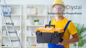  Presentation with repair - Slides consisting of young contractor doing repair works at office background and a sky blue colored foreground