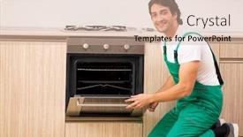  Presentation with contractor - Cool new theme with young contractor repairing oven in kitchen backdrop and a soft green colored foreground