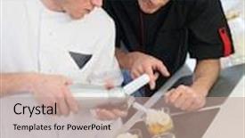  Presentation with cook chef - PPT layouts featuring young cook preparing dessert with chef behind him background and a coral colored foreground