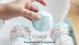  Presentation with packs - Amazing PPT theme having young-cook-woman-packs-pastries backdrop and a sky blue colored foreground