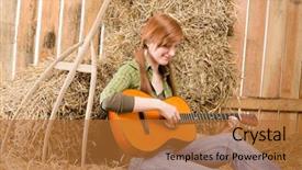  Presentation with barn - Slide set with young country woman sitting on hay play guitar in barn background and a red colored foreground