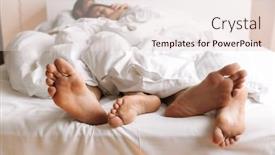  Presentation with bed hotel - Slide set consisting of young couple 30s sleeping together while lying in bed at home or hotel apartment background and a lemonade colored foreground