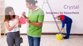  Presentation with home renovation - Cool new PPT theme with young-couple-and-old-contractor backdrop and a sky blue colored foreground