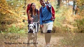  Presentation with hiking - PPT theme consisting of young-couple-and-their-dog background and a coral colored foreground