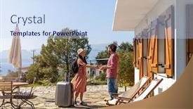  Presentation with holiday - Slide deck having young-couple-arriving background and a sky blue colored foreground