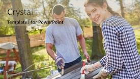  Presentation with home improvement - Slide deck having young couple as a home improvement primed and painted together a wooden table in the garden background and a coral colored foreground