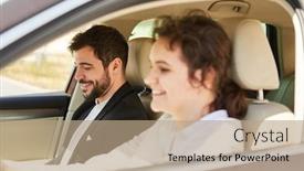  Presentation with car business - Colorful presentation enhanced with young couple as friends or colleagues in the car traveling on business trip backdrop and a coral colored foreground