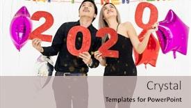  Presentation with new year 2020 - Slides having young-couple-at-a-party background and a light gray colored foreground