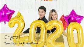  Presentation with new year 2020 - Beautiful presentation theme featuring young-couple-at-a-party backdrop and a yellow colored foreground