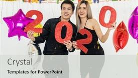  Presentation with new year 2020 - Slides having young-couple-at-a-party background and a light gray colored foreground