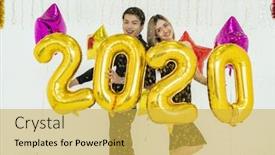  Presentation with new year 2020 - Beautiful theme featuring young-couple-at-a-party backdrop and a yellow colored foreground