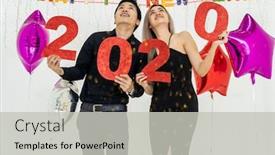 Presentation with new year 2020 - PPT layouts with young-couple-at-a-party background and a light gray colored foreground