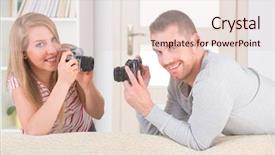  Presentation with cameras - PPT layouts featuring young couple at home taking pictures with old analog slr cameras background and a lemonade colored foreground