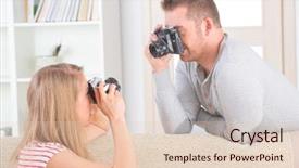  Presentation with cameras - Audience pleasing theme consisting of young couple at home taking pictures with old analog slr cameras backdrop and a lemonade colored foreground