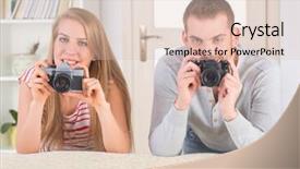  Presentation with cameras - Theme having young couple at home taking pictures with old analog slr cameras background and a lemonade colored foreground