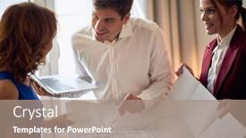  Presentation with new deal - Slide set having young-couple-at-the-meeting background and a coral colored foreground