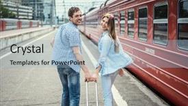  Presentation with station - Slide set having young couple at the train station background and a light blue colored foreground