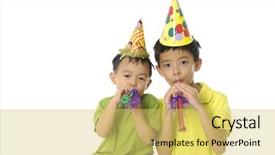  Presentation with party - Colorful presentation enhanced with young couple boy blowing a party favor and wearing a party hat backdrop and a yellow colored foreground