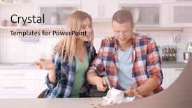  Presentation with piggy bank - Presentation theme with young couple breaking piggy bank background and a  colored foreground