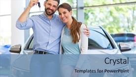  Presentation with car buying - PPT theme with young couple buying a car background and a teal colored foreground