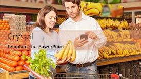  Presentation with smartphone app - Beautiful PPT theme featuring young-couple-buying-bananas backdrop and a coral colored foreground