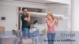  Presentation with carpet - PPT layouts enhanced with young couple carrying a carpet moving in to new home together home people moving and real estate concept background and a ocean colored foreground