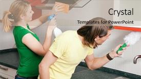  Presentation with movie theater loving couple - PPT theme consisting of young couple cleaning their apartment background and a mint green colored foreground